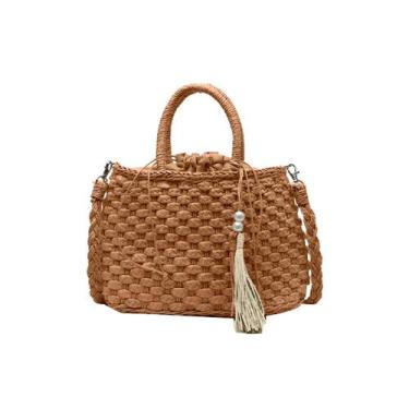 Imagem de Bolsa De Praia Feminina Palha Trançada com Alça Transversal e Detalhes
