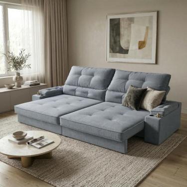 Imagem de Sofá Retrátil Reclinável 4 Lugares Porta-copos USB Linho 2,30m Santiago