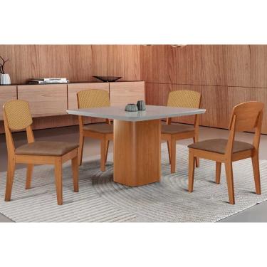 Imagem de Conjunto: Mesa Sala Jantar Maldivas Tampo c/ Vidro Curvo 90cm+4 Cadeiras Havana Naturale/Off White - Corano Capuccino - Rufato