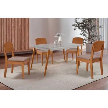 Imagem de Conjunto: Mesa de Cozinha Havana Curvo 120cm + 4 Cadeiras Havana Naturale/Off White - Linho Capuccino - Rufato