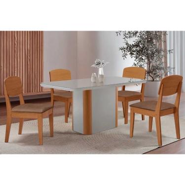 Imagem de Conjunto: Mesa de Cozinha Pietá c/ Tampo Madeirado c/ Vidro Canto Curvo 120x80cm e 4 Cadeiras Havana Naturale/Off White - Corano Capuccino - Rufato