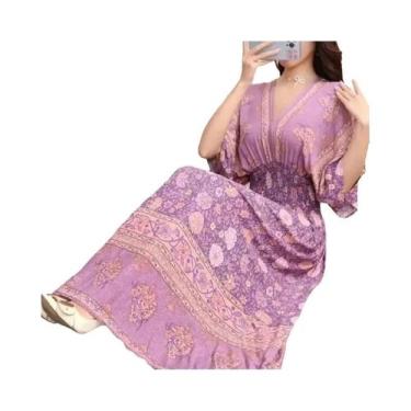 Imagem de Vestido Midi Vintage Boêmio Floral Para Mulheres Com Decote Em V E Cin