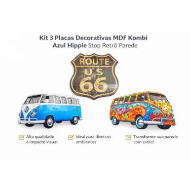 Imagem de Kit 3 Placas Decorativa MDF Kombi Azul Hippie Route 66 Retrô - KF IMPO
