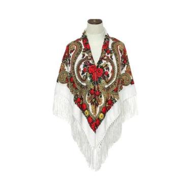 Imagem de Lenço Feminino Retrô De Algodão Estampado Com Franjas 51x51in, Xale, H