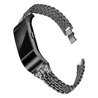 Imagem de Pulseiras Mtozon compatíveis com Fitbit Charge 2, pulseiras de metal cintilante para mulheres Pulseira/bracelete feminino grande pequeno, Preto