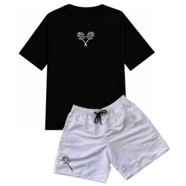 Imagem de Conjunto Camiseta E Short Bermuda Tactel Moda Praia Masculino Flor - B