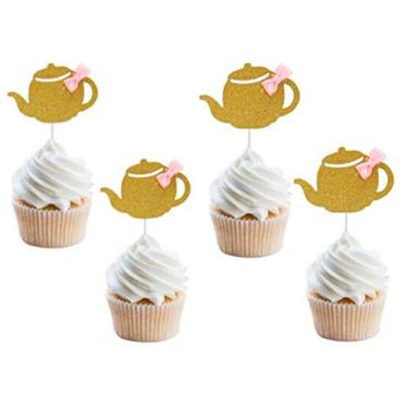 Imagem de Pacote com 24 topos de cupcake de festa de chá dourado com glitter e topos de chá de chá de chá rosa para chá de bebê, chá de bebê, chá de panela, decoração de aniversário