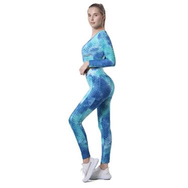 Imagem de Yajun Tie-dye Roupa de Yoga Feminina Tops de Manga Longa Cintura Alta Leggings de Elevação de Bumbum Respirável Stretch Fitness Ciclismo Roupa Esportiva, Azul, GG (Peito: 43cm)