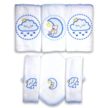 Imagem de Kit 6 Fraldas De Pano Bordadas (3 De Ombro + 3 De Boca) Céu Azul