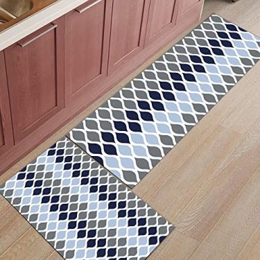 Imagem de Tapete de corredor de cozinha, padrão geométrico colorido de meio século, azul marinho, cinza, tapete de corredor, tapete de porta tapete para lavanderia, banheiro, quarto, conjunto de 2