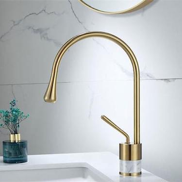 Imagem de Torneira do banheiro Ouro escovado Torneira da bacia Latão e mármore Torneira misturadora Torneira da pia quente fria Torneira do banheiro, 1, tamanho único