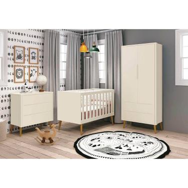 Imagem de Kit Quarto Infantil Theo Retrô Areia – Cômoda 3 Gavetas + Guarda-Roupa 2 Portas + Berço