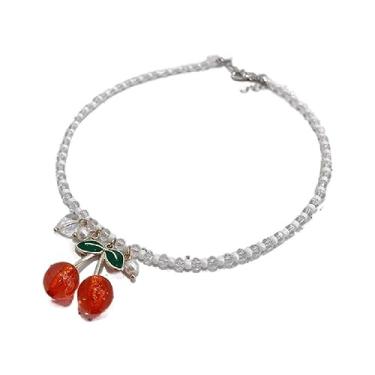 Imagem de Colar com pingente de cerejeira gargantilha doce pulseiras de corrente de pérolas moda corrente clavícula colar pulseiras joias de festa Y2k colar de corrente de clavícula colar de corrente de pérola colar gargantilha para mulheres