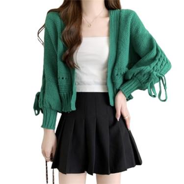 Imagem de Jaqueta de suéter de manga lanterna de cor sólida feminina, cardigã de malha bonito, jaqueta de suéter de malha curta feminina (B,3XL)