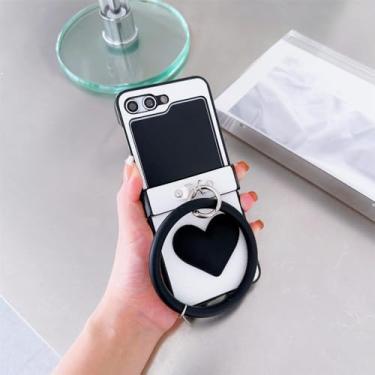 Imagem de Pulseira de anel coreano de luxo sólido preto branco 3D Love Heart Case para Samsung Galaxy Z flip4 Z Flip 3 4 5G Z Flip3 Zflip5 Capa, D, para Samsung Z Flip 4