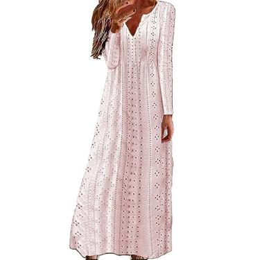 Imagem de Vestido feminino casual de manga comprida com decote V sólido maxi solto boho praia vestido longo casual feminino, rosa, P