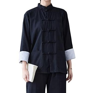 Imagem de HHHH Women's Kung Fu Jacket Frog Button Mandarin Collar Loose Fit Blouse Chinese Tang Shirt Tai Chi Training Uniform (L, 60# Black)