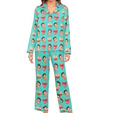 Imagem de JUNZAN Conjunto de pijama feminino de manga comprida personalizado vermelho rosa cetim 2 peças loungewear abotoado pijama feminino, Turquesa, P