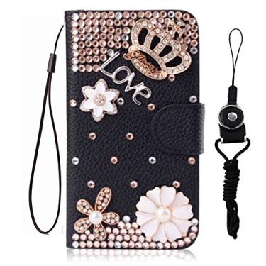 Imagem de HFICY Capa de telefone brilhante com 2 protetores de tela de vidro Pakc e cordão, capa de telefone carteira feminina com suporte de couro brilhante (flores de corvo preto, para Huawei Mate 40)