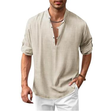 Imagem de COOFANDY Camisa masculina de algodão e linho Henley camisas casuais de praia hippie camisetas de manga longa, Khaki Henley, GG