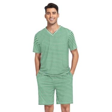 Imagem de Pijama masculino sem costura com estampa de urso coala, pijama de duas peças com gola V, Xadrez verde, XX-Large