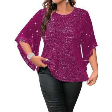 Imagem de MakeMeChic Camiseta feminina plus size com glitter lantejoulas pérola gola redonda babado manga curta, Vermelho violeta, G Plus Size