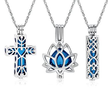 Imagem de shajwo Pacote com 3 colares de urna de cremação para cinzas para mulheres homens coração lótus cruz cilindro cremação joias para cinzas pingente de lembrança memorial, Aço inoxidável, Sem pedras preciosas