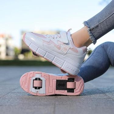 Imagem de Sapatos de patins infantis masculinos e femininos, sapatos com rodas, 2 em 1, patins multiuso com rodas duplas, ginástica ao ar livre, tênis fashion técnico, rosa, 36 UE