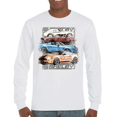 Imagem de Camiseta Shelby Cars Sketch manga comprida Mustang Racing American Muscle Car GT500 Cobra Performance Powered by Ford, Branco, 3G