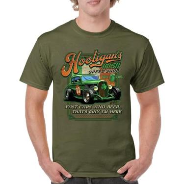 Imagem de Camiseta masculina Hooligan's Irish Speed Shop Dia de São Patrício Vintage Hot Rod Shamrock St Patty's Beer Festival, Verde militar, G