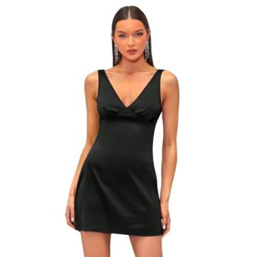 Imagem de Camisa Feminina Solid Double V Neck Satin Dress (Color : Black, Size : M)