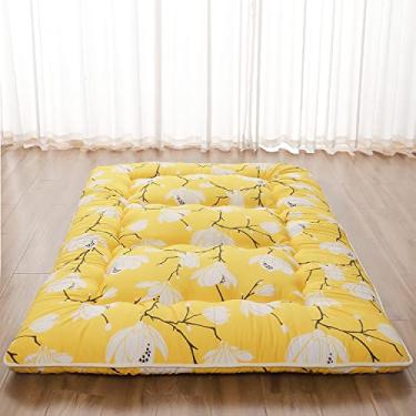 Imagem de Zelladorra Colchão japonês, colchão futon com bolsa de armazenamento portátil e capa lavável, tapete de tatame grosso de enrolar adequado para acampamento, quarto de hóspedes, flor amarela, completo