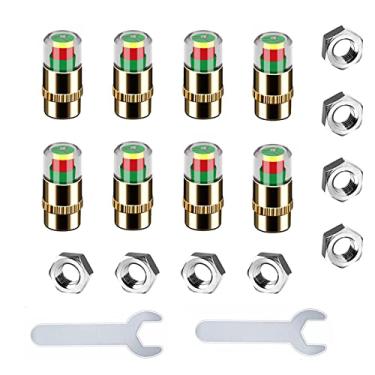Imagem de ANKIA 8 peças de cor dourada para monitor de pressão de pneu de carro, tampas de haste de válvula, indicador de sensor de alerta ocular de 3 cores (2,2 bar 32 PSI, com chave inglesa e embalagem de