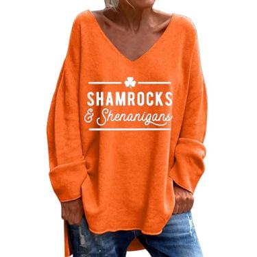 Imagem de Camiseta feminina PKDong Saint Patricks Day Shirts Irish Lucky Shamrock manga longa solta Let The Shenanigans Begin Letter Print Tee, Z06 Laranja, M