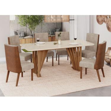 Imagem de Conjunto Mesa De Jantar Henn Adriana Tampo De Vidro Com 6 Cadeiras - Nature/Off/Caramelo/Creme