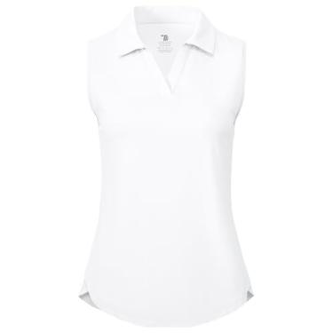 Imagem de BGOWATU Camisetas polo femininas sem mangas com gola V e gola V, FPS 50+, secagem rápida, leve, Branco, G