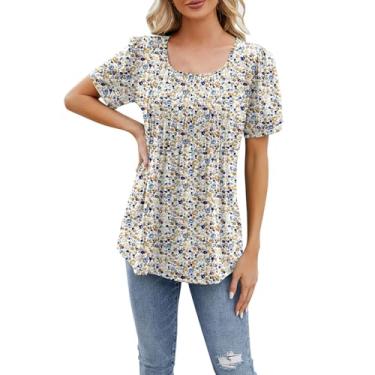 Imagem de Camiseta feminina de verão com gola quadrada plissada, estampa floral, roupas casuais de férias, Dourado, M