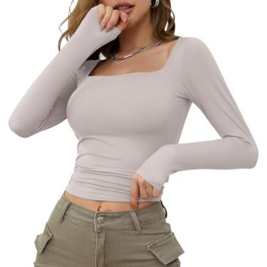 Imagem de VVK Camisetas femininas de manga comprida primavera 2024 camisetas básicas modernas sexy com forro duplo Y2K, 1 - cinza marfim, M