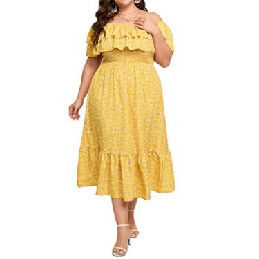 Imagem de KOJOOIN Vestido longo feminino plus size tomara que caia com babados casual verão boho, Flor amarela, 5G