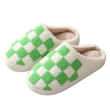 Imagem de ROYGGBP Pantufas quentes unissex antiderrapantes para o inverno, sapatos para uso interno, chinelos de casa macios de espuma viscoelástica com meias, Xadrez verde, 4-5 Narrow Women/3-4 Narrow Men