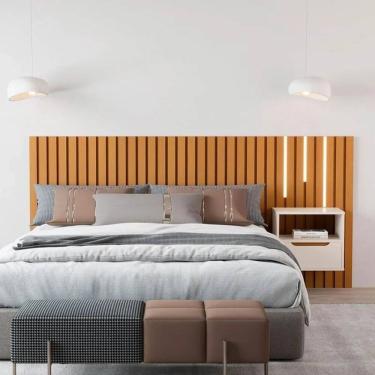 Imagem de Cabeceira Ripado Para Cama de Casal/Queen Maracá Nature Com Mesa de Cabeceira Jatobá Com Led OffWhite - Rede Móveis