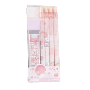 Imagem de Conjunto de grafite de lápis de desenho animado de 0,5 mm, núcleo contínuo, lápis sem afiar automático - suco de pêssego (4 lápis + 1 caixa de refil de caneta)