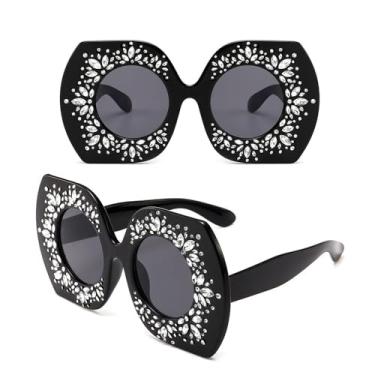 Imagem de Óculos de sol de cristal quadrado oversized feminino strass quadro lente redonda feminino elegante óculos de sol tons, c1, um tamanho