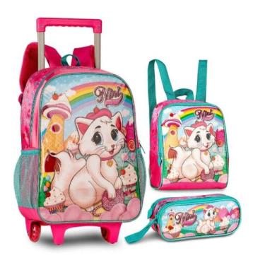 Imagem de Mochila de Rodinhas Costas Escolar Gatinha Nini + Lancheira E Estojo -