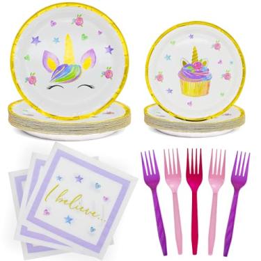 Imagem de Pratos e guardanapos de unicórnio (100 peças) Pratos de aniversário de unicórnio, guardanapos de unicórnio para festa de aniversário, pratos de papel de festa de unicórnio, garfos, suprimentos de