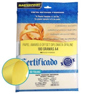Imagem de Papel Amarelo Opaline Diplomata Offset Liso 180g A4 Massa Colorida Tipo Ofício 60kg Pacote com 50 folhas Masterprint