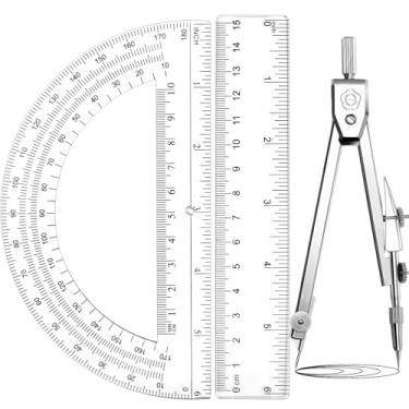 Imagem de Zonon Conjunto de 3 peças geométricas de matemática, bússola de desenho, transferidor de 15 cm e régua transparente de plástico, material de desenho transparente para uso em sala de aula e escritório