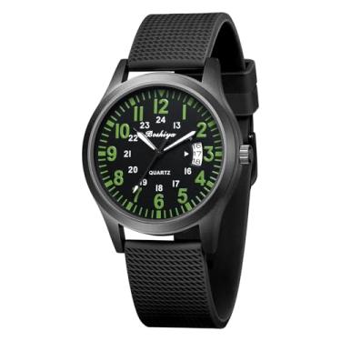 Imagem de BOSHIYA Relógio masculino unissex esportivo militar para homens, analógico, quartzo, luminoso, à prova d'água, tático, casual, relógio de pulso, caixa preta e pulseira de silicone preta, Preto + preto