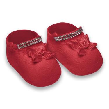Imagem de Meia Sapatinho Bebê Recém Nascido Strass Selene, Vermelho, 0 a 5 Meses