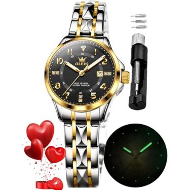 Imagem de OLEVS Relógios femininos prateados de aço inoxidável à prova d'água pequenos relógios de pulso diamante branco mostrador de data, Relógios femininos de ouro e prata com mostrador preto, Moderno